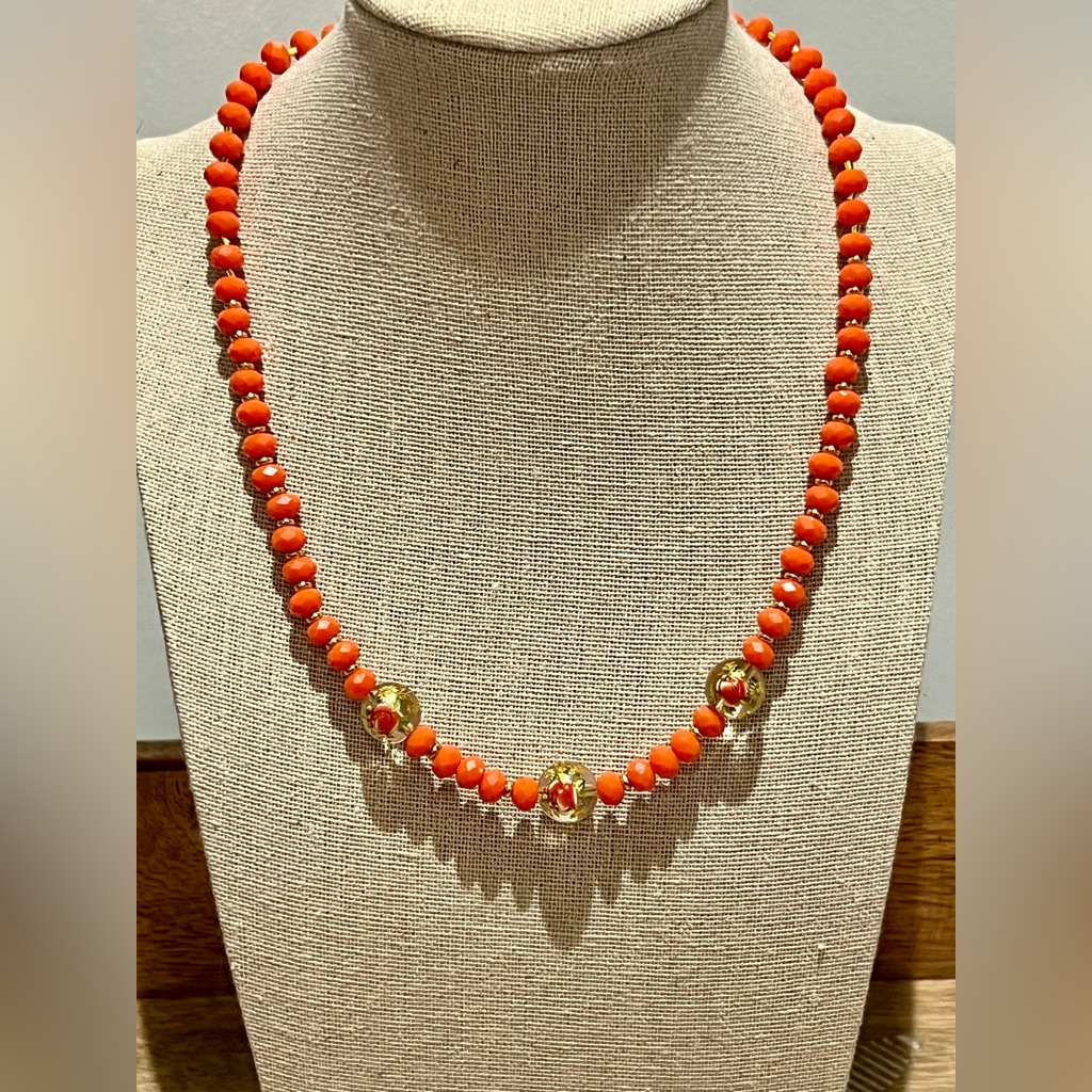 New Beautiful Orange Floral Glass Lampwork Beaded Necklace With Toggle Clasp